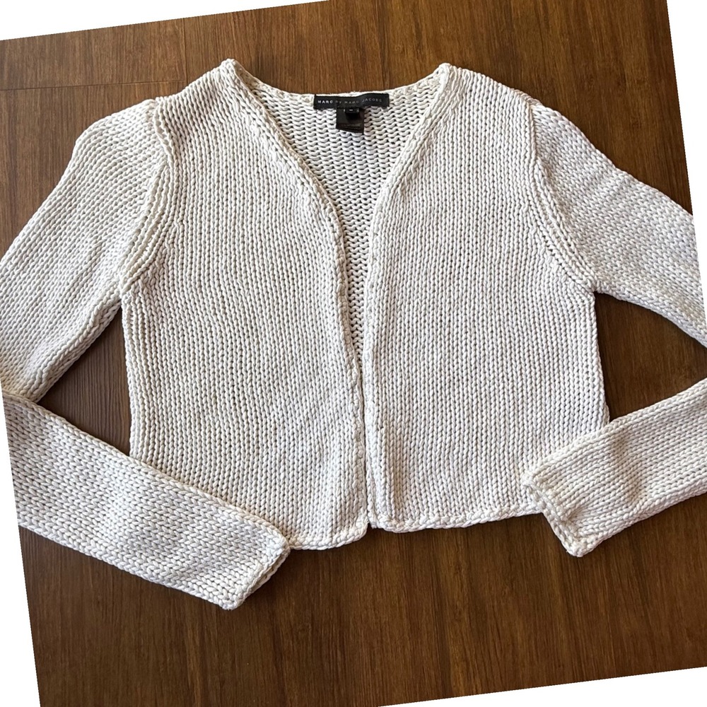 Marc by Marc Jacobs Knit Cropped Cardigan Sweater Medium 100% Merino Wool Cream